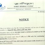 Dr. Kelsang Dhonden will be out of station for 2 months, i.e., from 20th Dec. 2022 to 28th Feb. 2023.