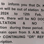 Dr. Kelsang Dhonden will be out of station from 20th December 2024 to 12th February 2025.